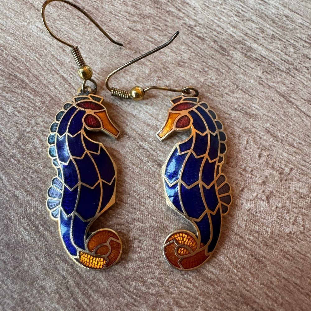 Vintage cloisonné Seahorse Hook Back Dangle Earrings Sea life Ocean Animal